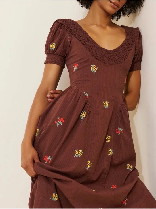 Free People Maisie Midi Brown Floral Embroidered Dress Small Boho Cottage Core - Picture 2 of 11